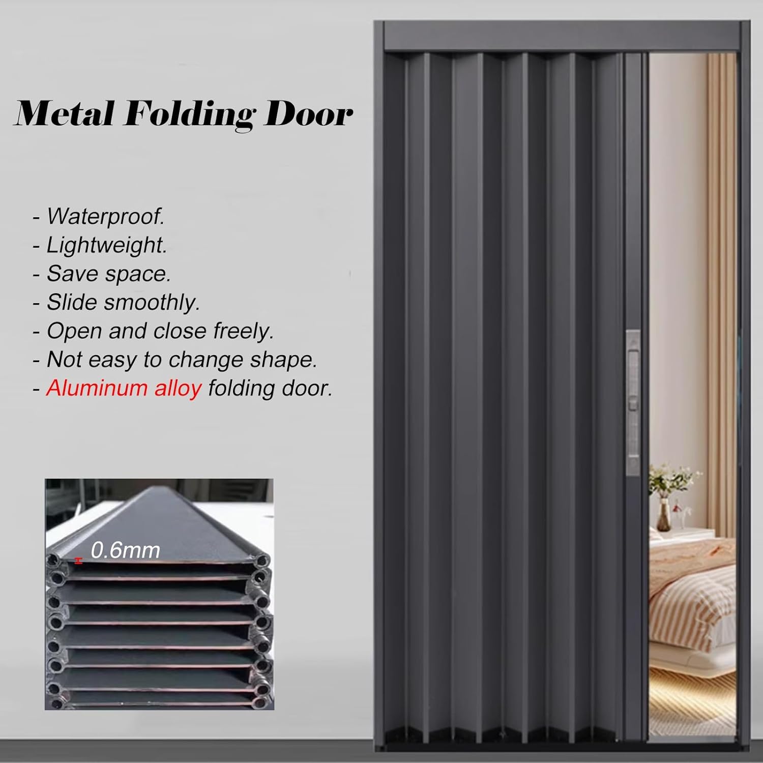 Customizable Modern Aluminum Alloy Bi-fold Accordion Sliding Folding Door 57 1/8 X 80 Lock Key for Bathroom Concertina