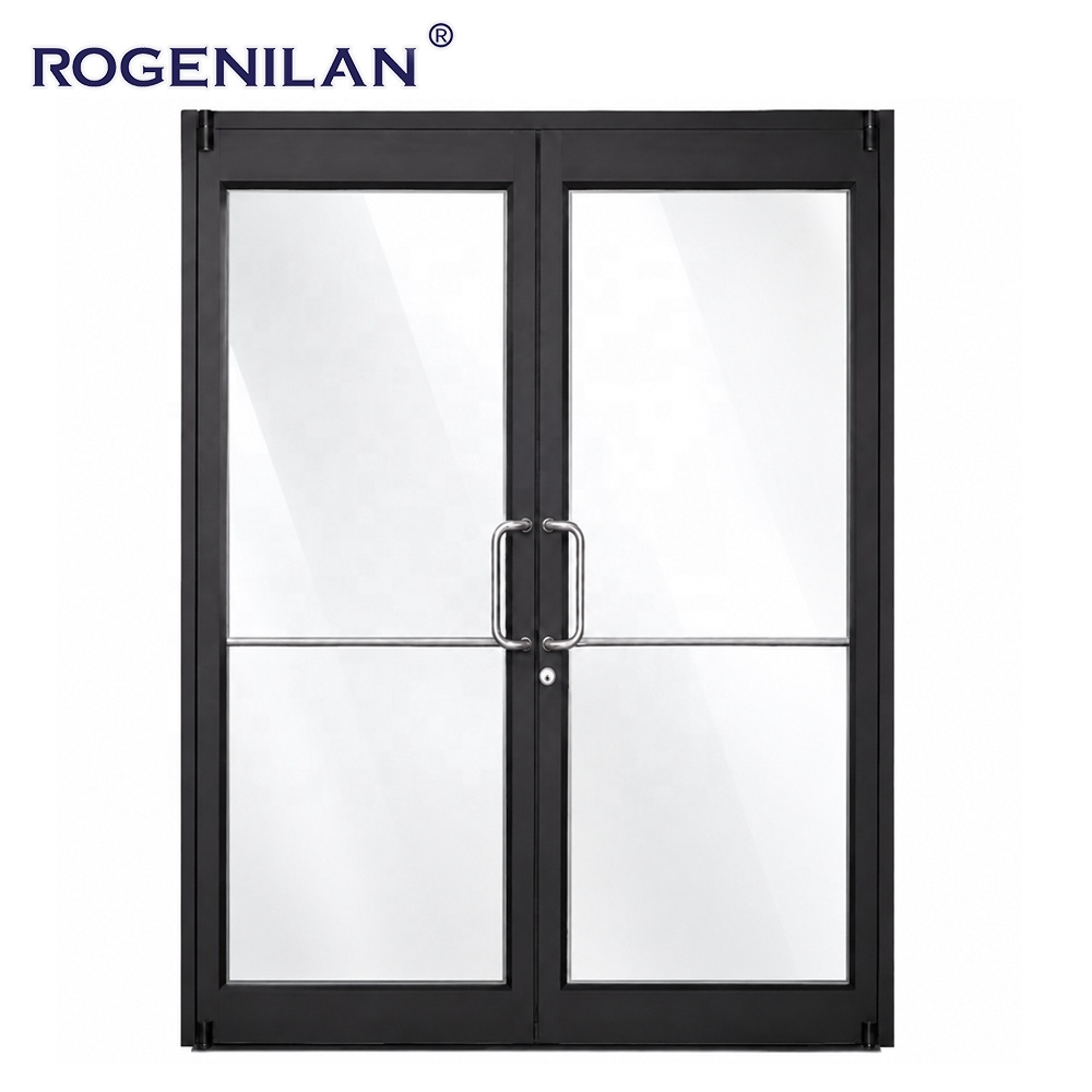 Rogenilan Custom Business Aluminum Security Entry Commercial Door Exterior Tempered Glass Double Swinging Doors
