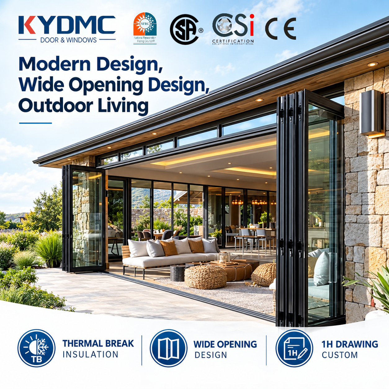 Thermal Break Exterior Bi Folding Door Aluminum Patio Bifold Doors Outdoor Garden Black Frame Accordion Folding Glass Door