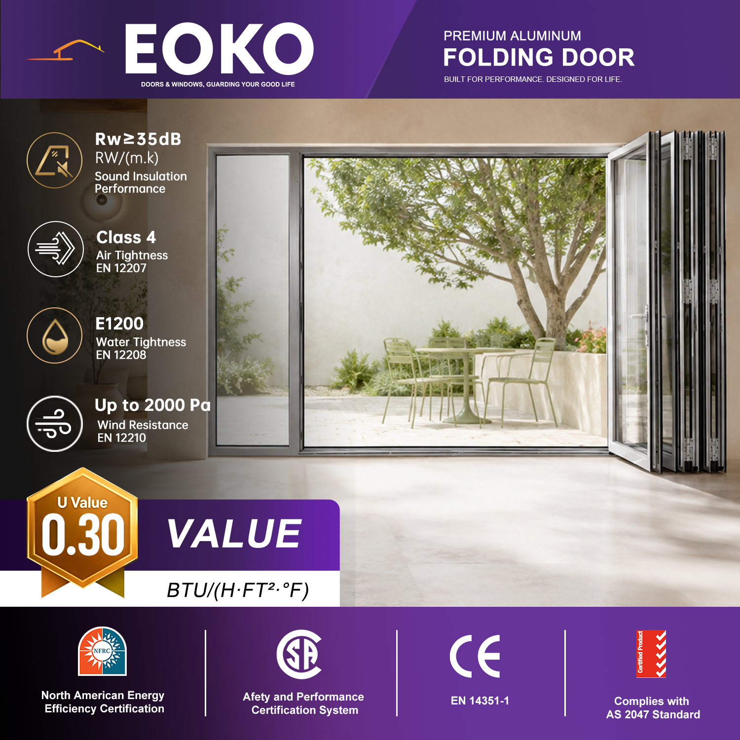 EOKO EN 14351-1 Heavy Duty Hinge Aluminum Bi-Fold Door for Flower Shop Boutique Storefront Entry