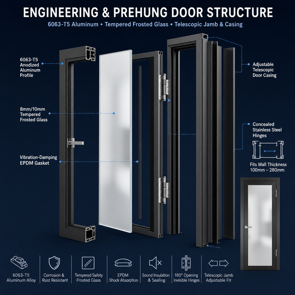 Modern Aluminum Alloy Frosted Glass Interior Waterproof Thermal Insulated Swing Door for Toilet Bathroom