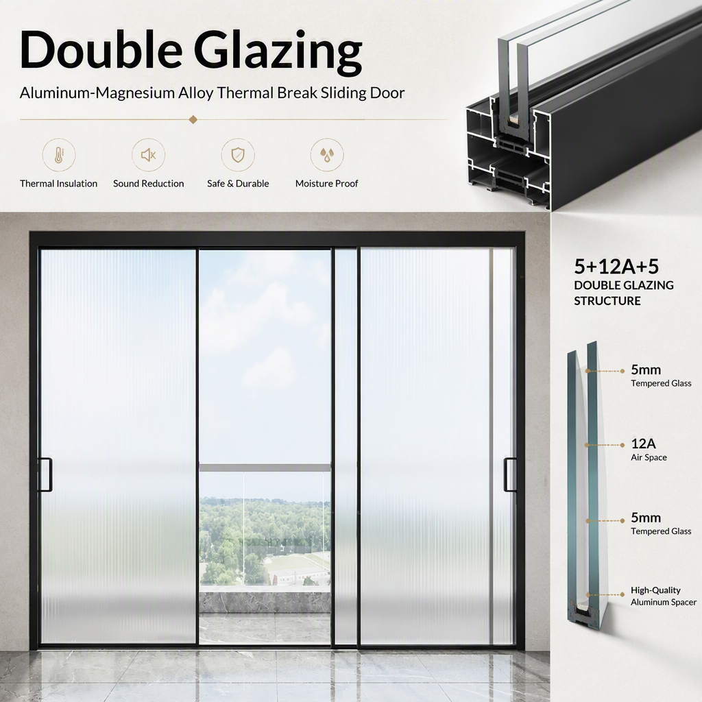 Aluminum Magnesium Alloy Thermal Break Sliding Door Double Glazing Frosted Glass Balcony Patio Interior Door