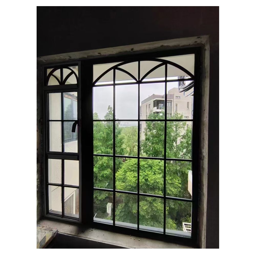Aluminum French Style Crittall Windows, Black Frame Tempered Glass Arched Grid Casement Windows for Villa House