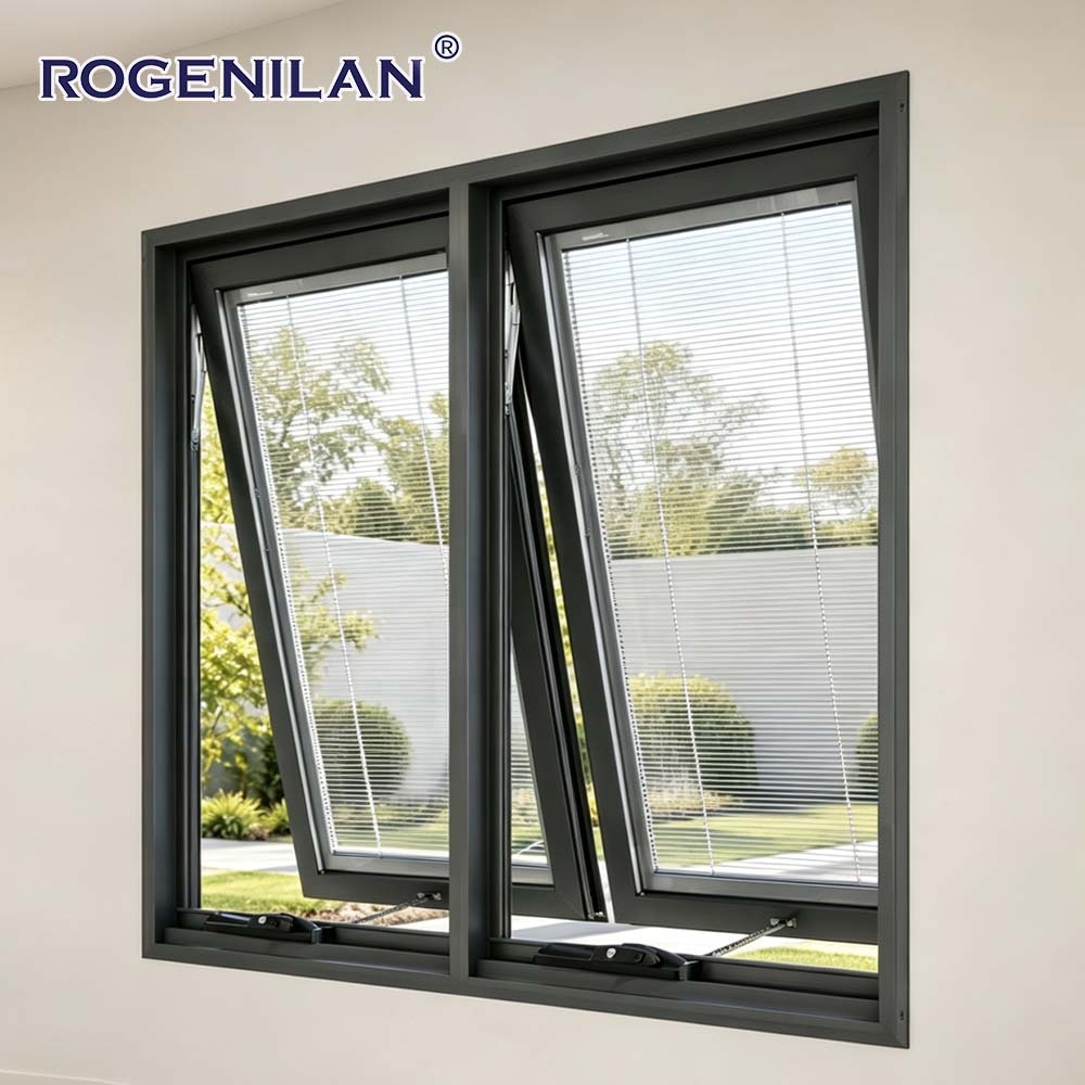 Rogenilan Outdoor Storm Soundproof Double Low-E Glass Awning Window Exterior Aluminum Custom windows with Blinds