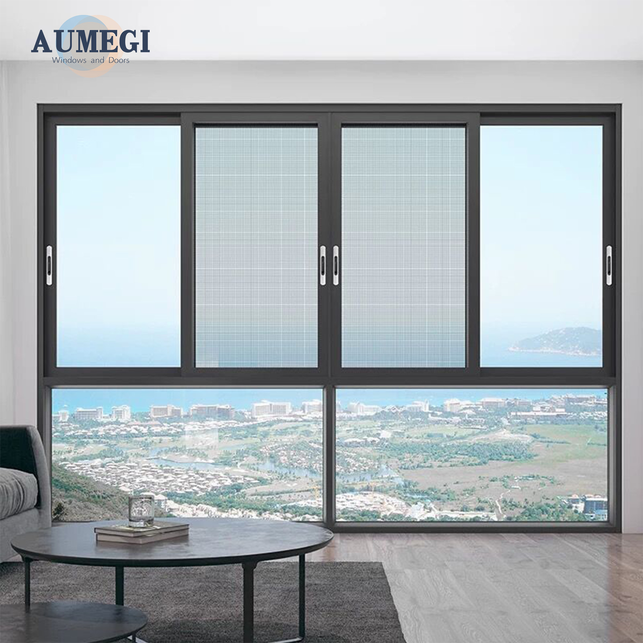 Aumegi Tempered Glass Aluminum Aluminium Frame Sliding Glass Window Metal Sliding Windows