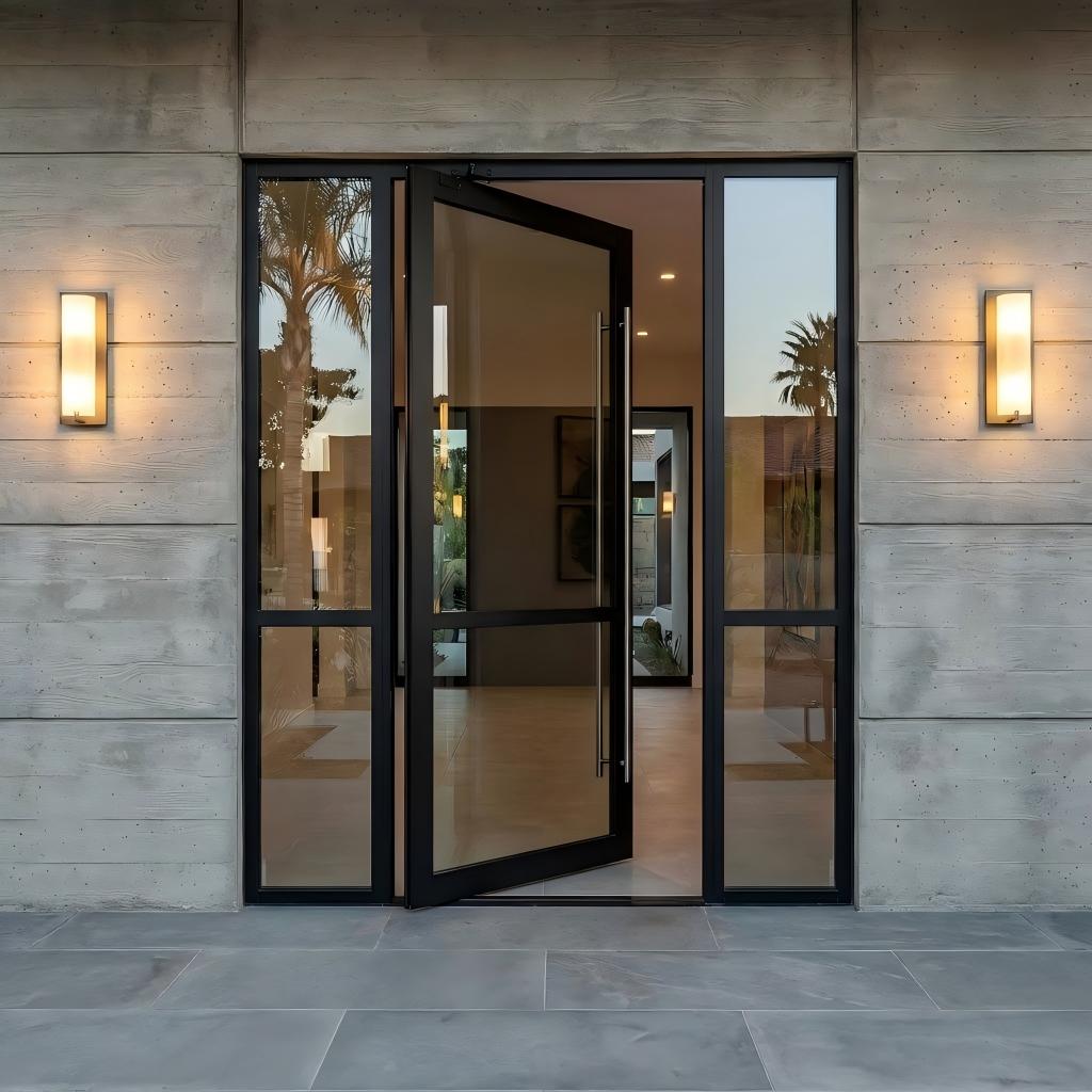 Modern Black Aluminum Pivot Door With Sidelights and Grids Design Large Glass Villa Main Entrance Exterior Front Entry System