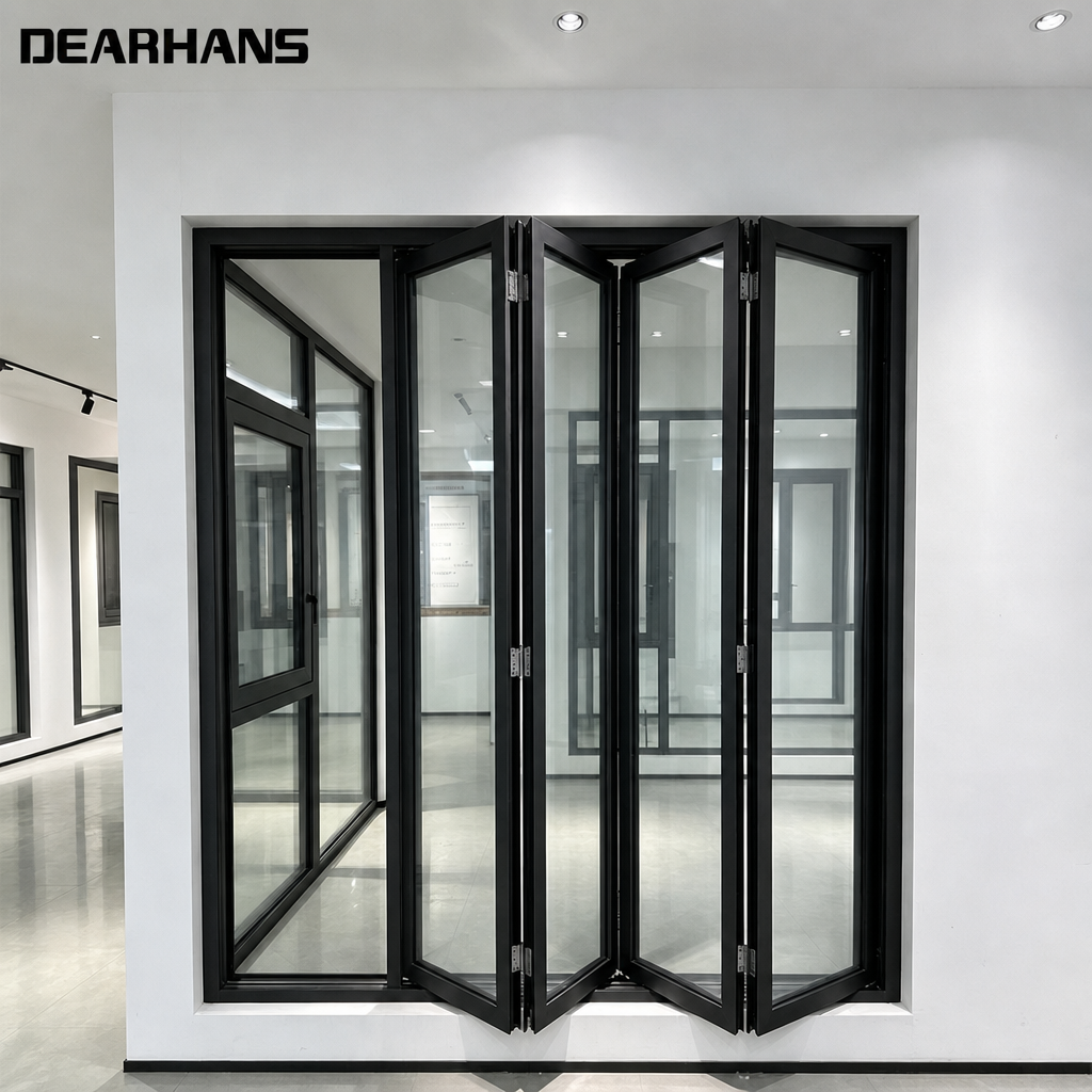 Black Aluminium Folding Glass Door Large Opening Balcony Bi-Fold Door with Insect Screen for Villa Patio Projects