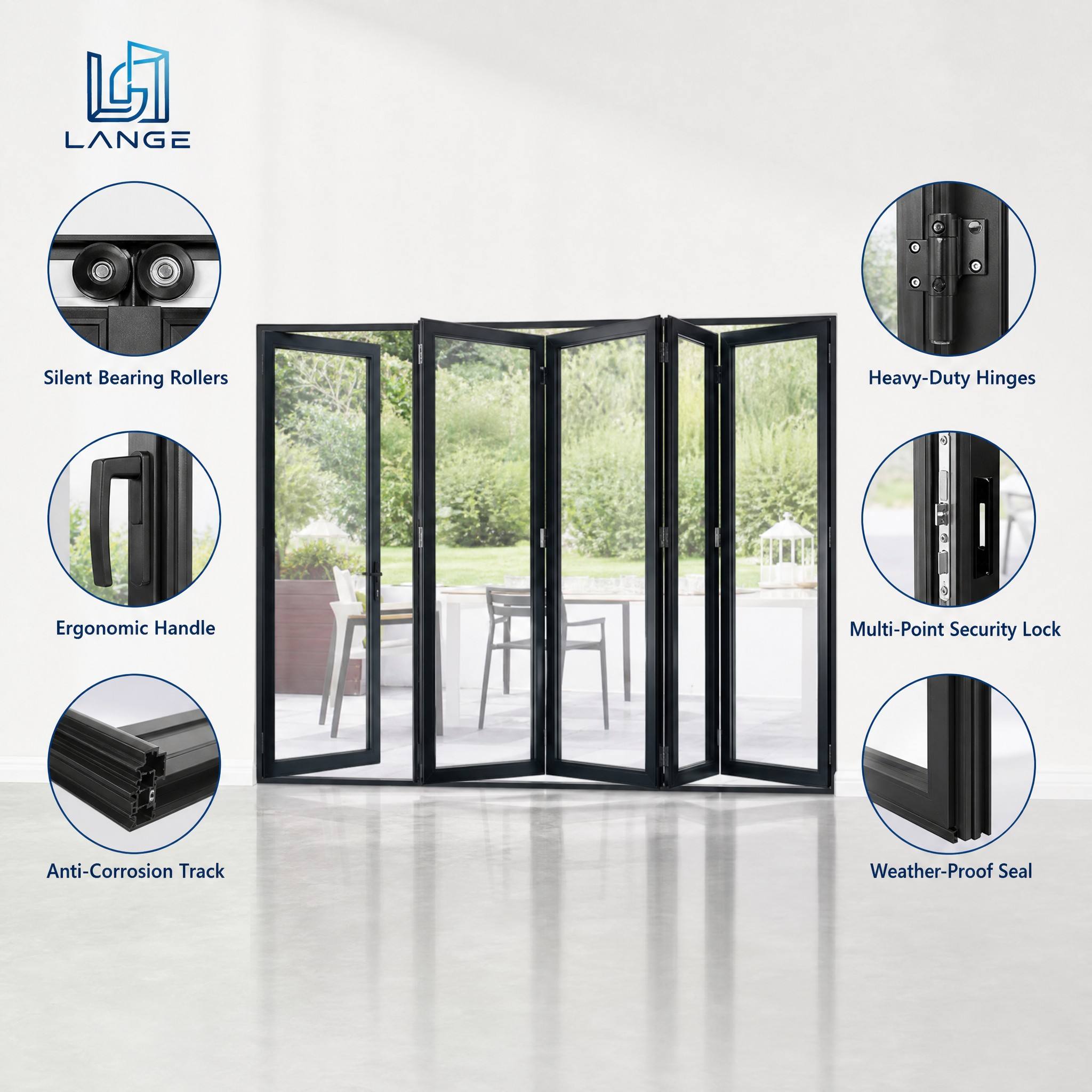 LANGE Smart Minimalist Aluminum Folding Door Narrow Frame Concertina Door Soundproof Double Glazed Door for Office