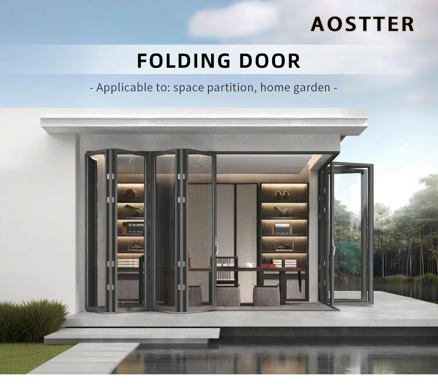AOSTTER Large Size Concertina Aluminum Folding Door with Multi-Point Locking Sound Dampening Glass for Balcony